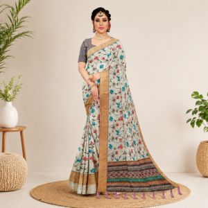 Floral Elegance Cream Linen Saree (D-29)