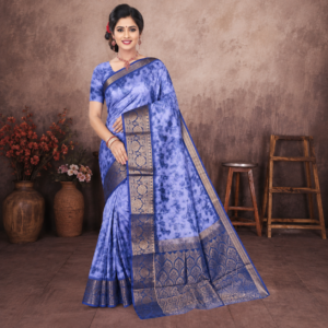 Lavender Blue Floral Silk Saree | Gold Zari Border & Designer Pallu (D-19)