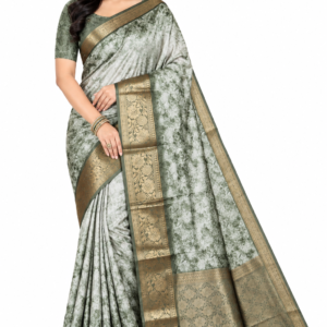 Elegant Sage Green Floral Silk Saree with Antique Gold Zari Border (D-19)